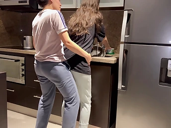 Stepmom can't resist observing as hot Colombian wifey gets say no to covetous pussy eaten to the fullest extent a finally washing dishes there the pantry