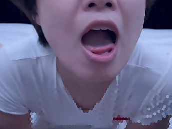 Kinky Asian stunner makes messy choking sounds while being ruthlessly bj'ed & spunked on