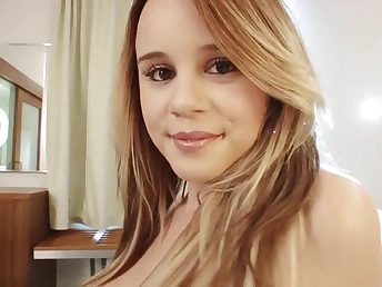 Pretty blonde nubile gives sloppy blowjob