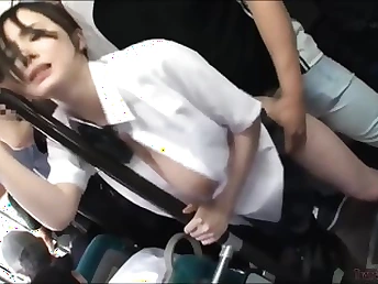 Asian whore dressed in her uniform and she gets smashed from behind